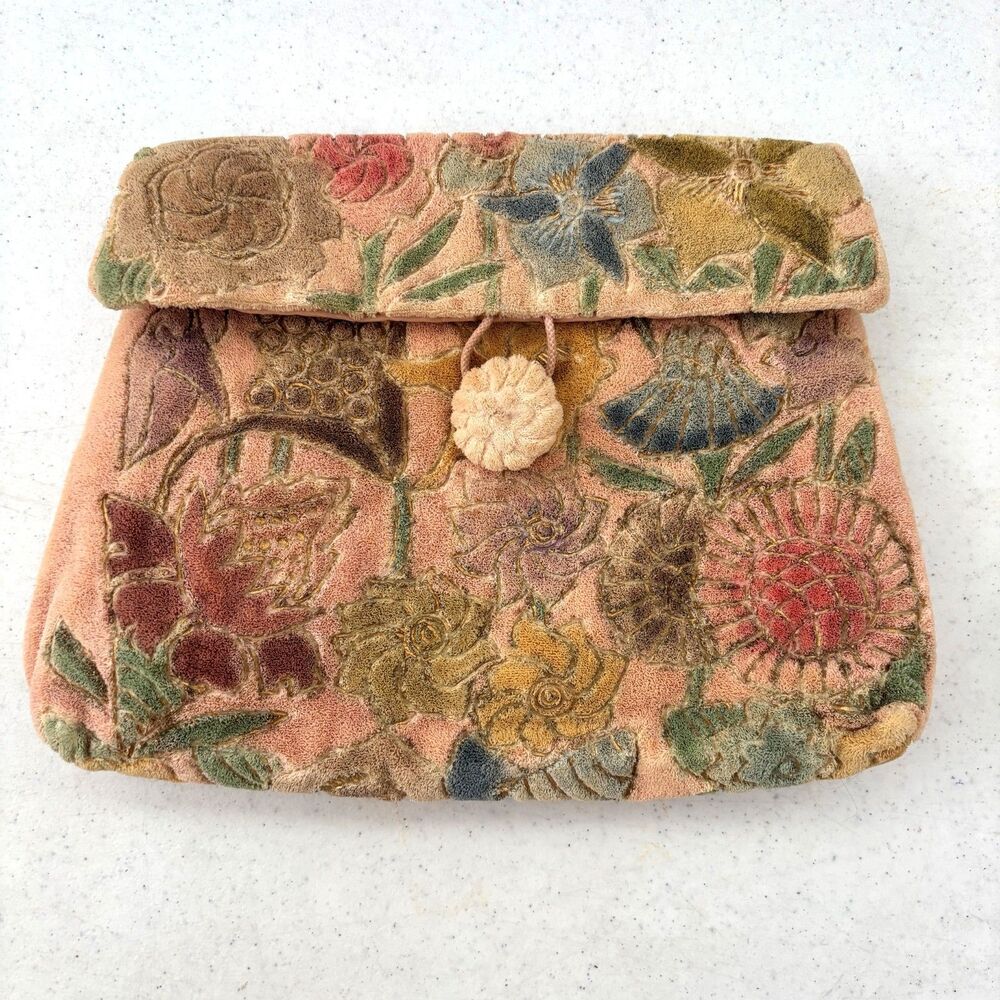 Rare Mary Chess Cut Chenille Clutch Floral Tapestry Vintage Mid Century 1950s